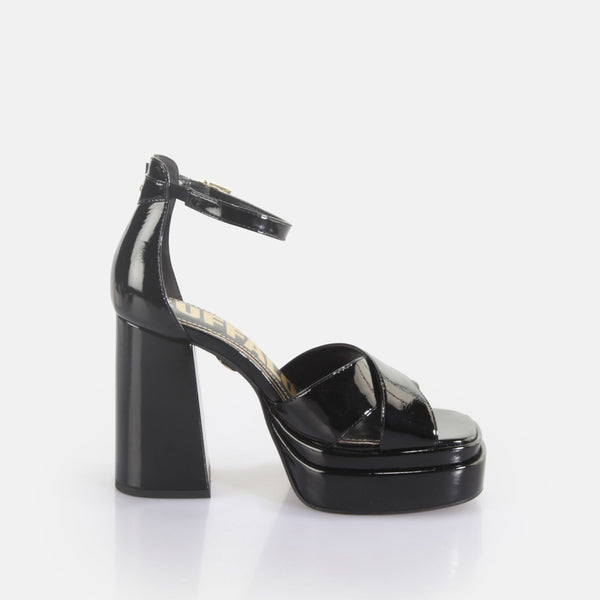 Buffalo Heels Sandals Black Patent May Cross VEGAN