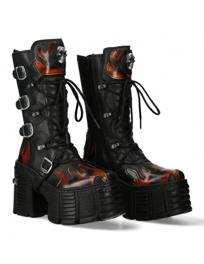 New Rock M-TM543-C1 Plateau Echtleder Boots Schwarz MAX Flammen