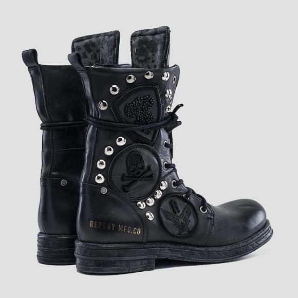 Replay Damenschuhe Schuhe Stiefel Stiefelette Boots Leder Black Patches Nieten