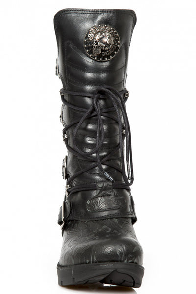 New Rock M-TR003-S8 Platform Genuine Leather Brocade Boots Black